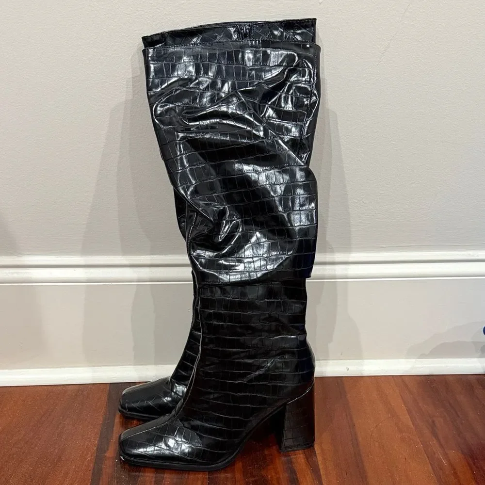 Pretty Little Thing Croc Embossed Long Ruched Boots  Size 9